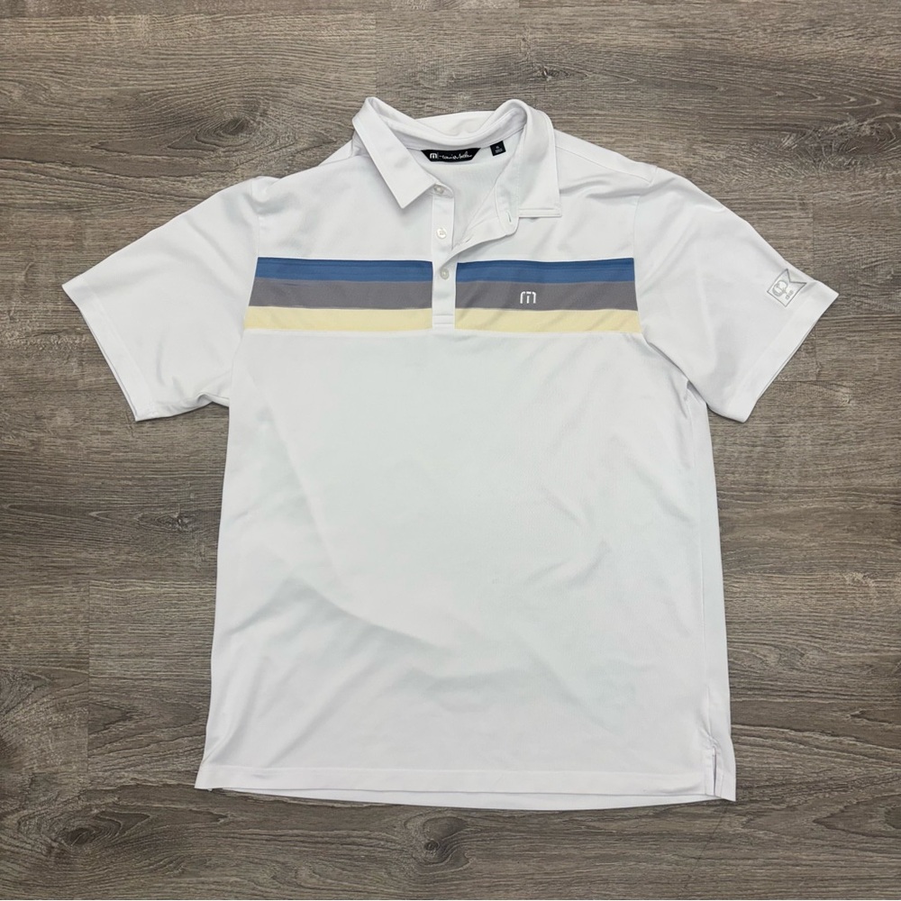TravisMathew Men’s White Stripe Performance Golf Shirt - Size XL - Gently used!